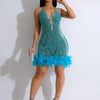 Elegant Luxury Sequins See Through Feather Mini Dress Celebrity Halter Backless Women‘s Sexy Birthday Party Nightclub Vestidos