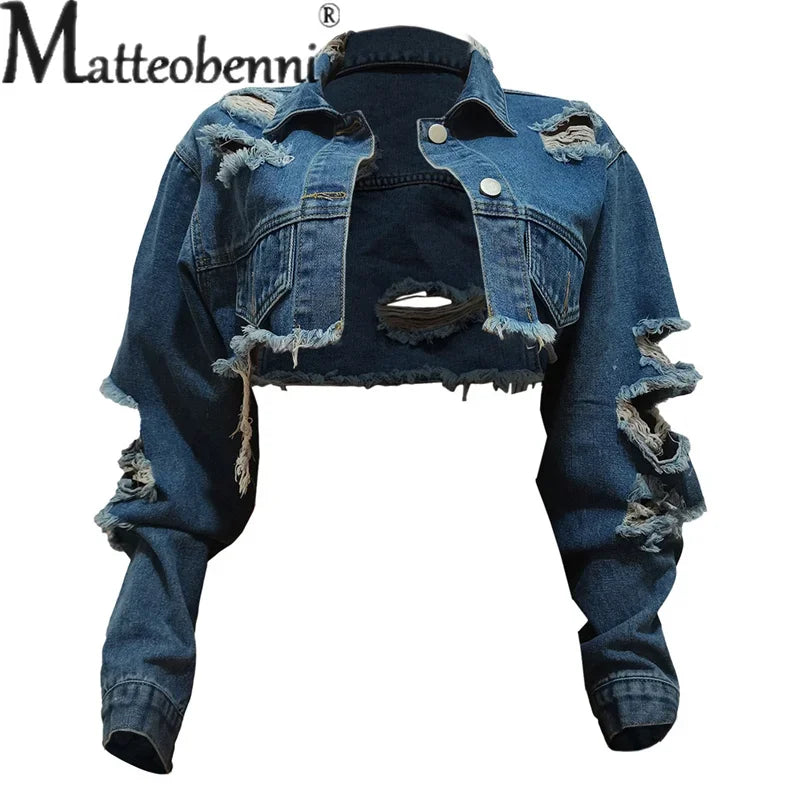Fashion Broken Holes Long Sleeve Short Denim Jacket Ladies Trend Streetwear Casual Outerwear Women's Double Button Splicing Coat