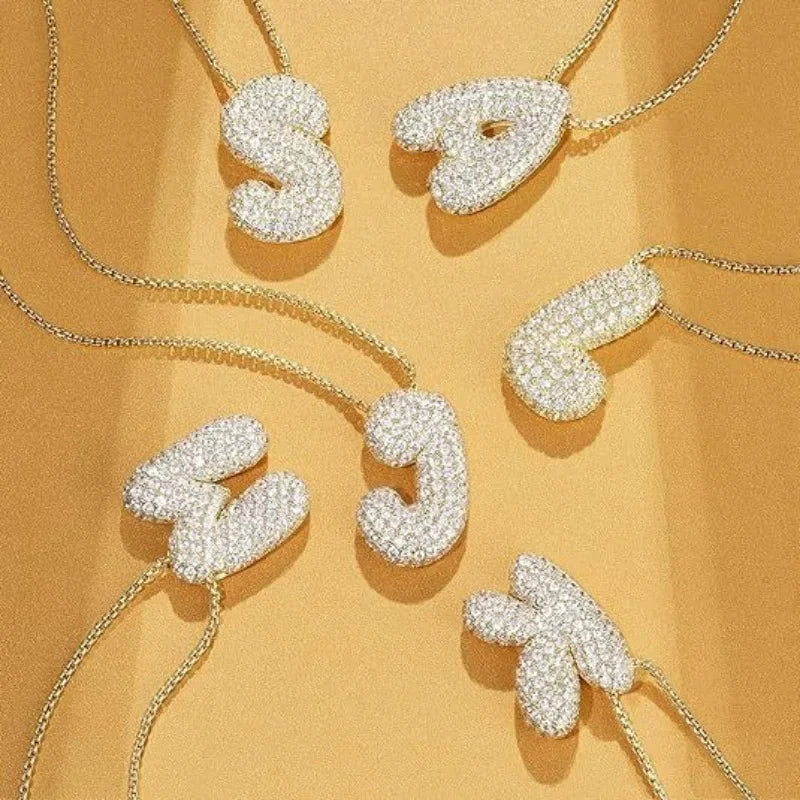 18K Gold Plated Waterproof Thick Bubble Alphabet Letter Clavicle Choker Necklace Sparkling Rhinestone Balloon Initial Jewelry