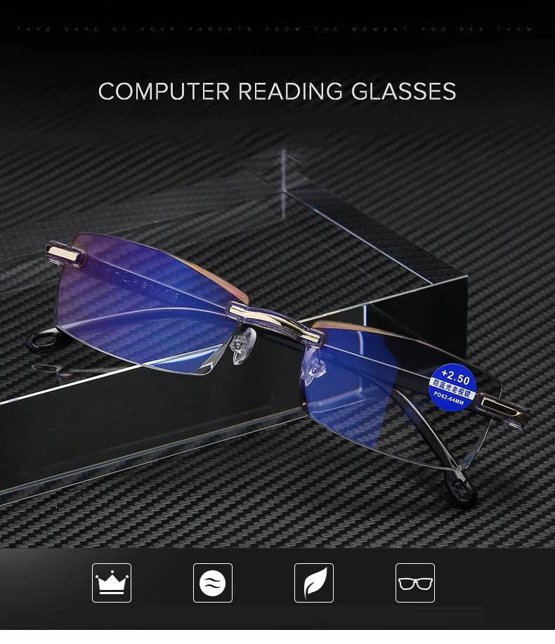 Men Blue Light Blocking Reading Glasses Women Dimond Cutting Rimless Eyeglasses Frame Anti Fatigue Hyperopia Presbyopic Eyewear