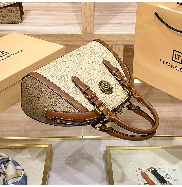 Khaki Retro Leather Women's Handbag Fashion Geometric Floral Girls Shoulder Bag Hundred Splicing Color Collision Girls Crossbody