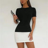 Tossy Summer Female Contrast Mini Dress Casual High Waist Short Sleeve Sexy Skinny Patchwork Bodycon Dress Women's Mini Dress