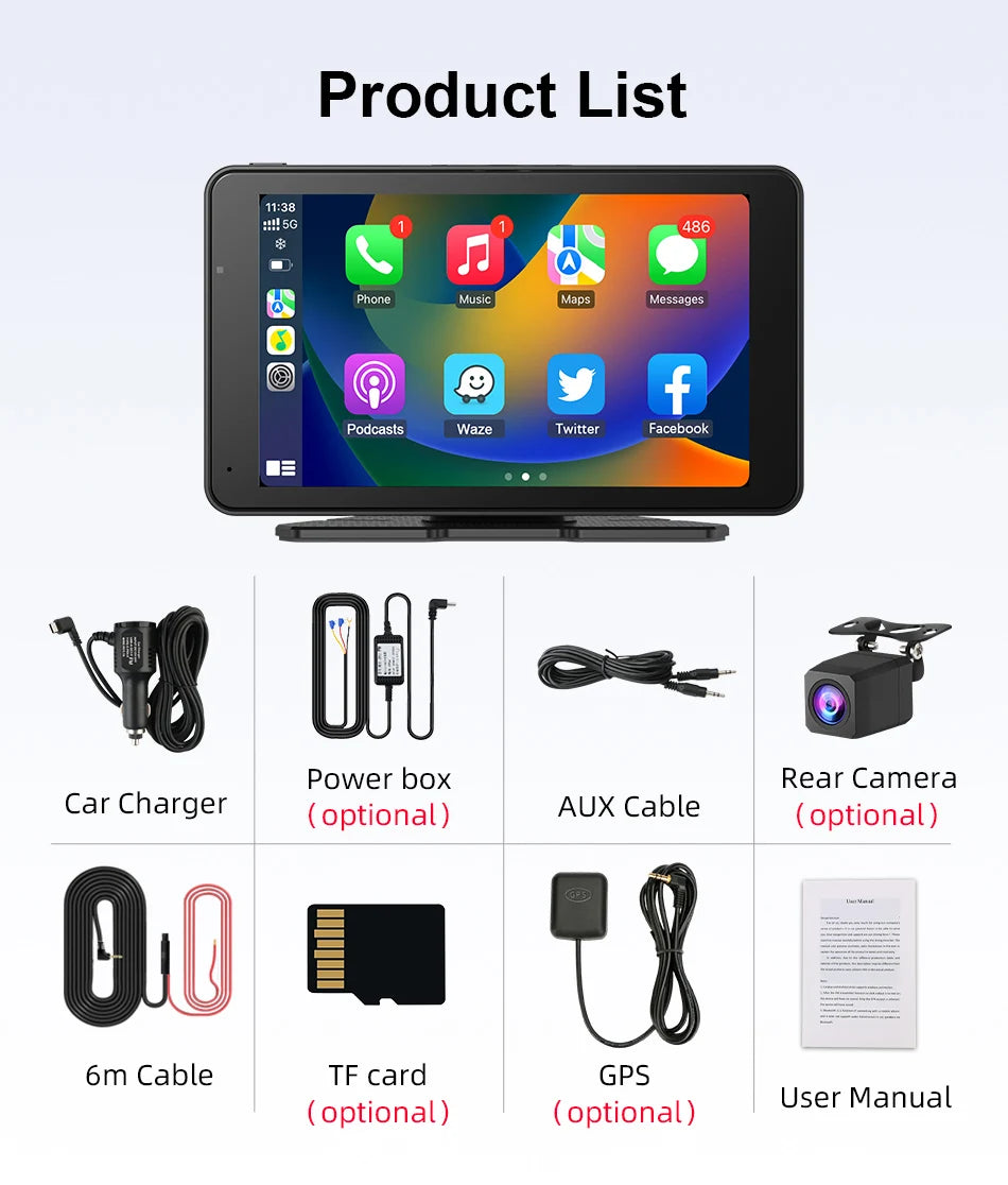 Jansite 7" Car DVR 2.5K Dash cam Wireless Carplay Android Auto Front and Rear Camera Dashboard Driving Recorder Dual Lens Wifi