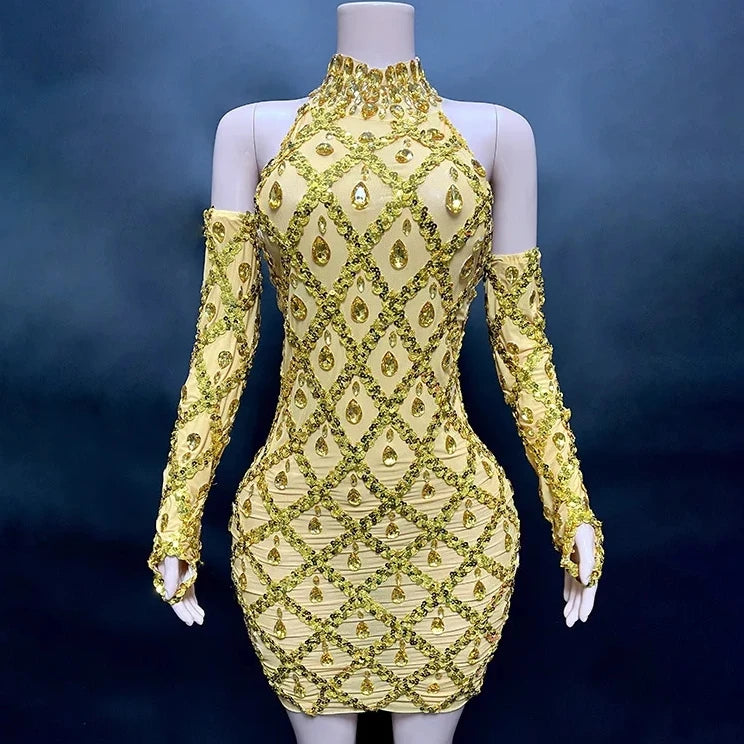 High Quality Sparkling Rainestone Sexy Bodycon Mini Dress Birthday Celebrate Evening Party Dress