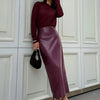 Trendix Women Elegant Burgundy Skirt High Waist Slim Fashion Slit Long Skirts Female Party Slim Club Sexy Vintage PU Skirts 2024