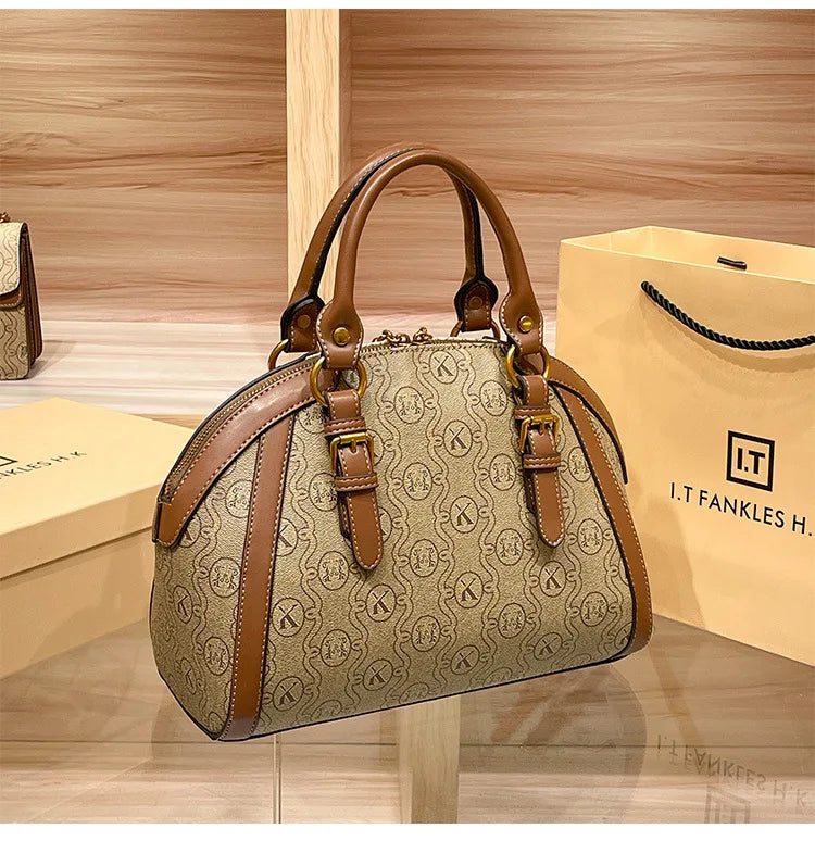 Khaki Retro Leather Women's Handbag Fashion Geometric Floral Girls Shoulder Bag Hundred Splicing Color Collision Girls Crossbody