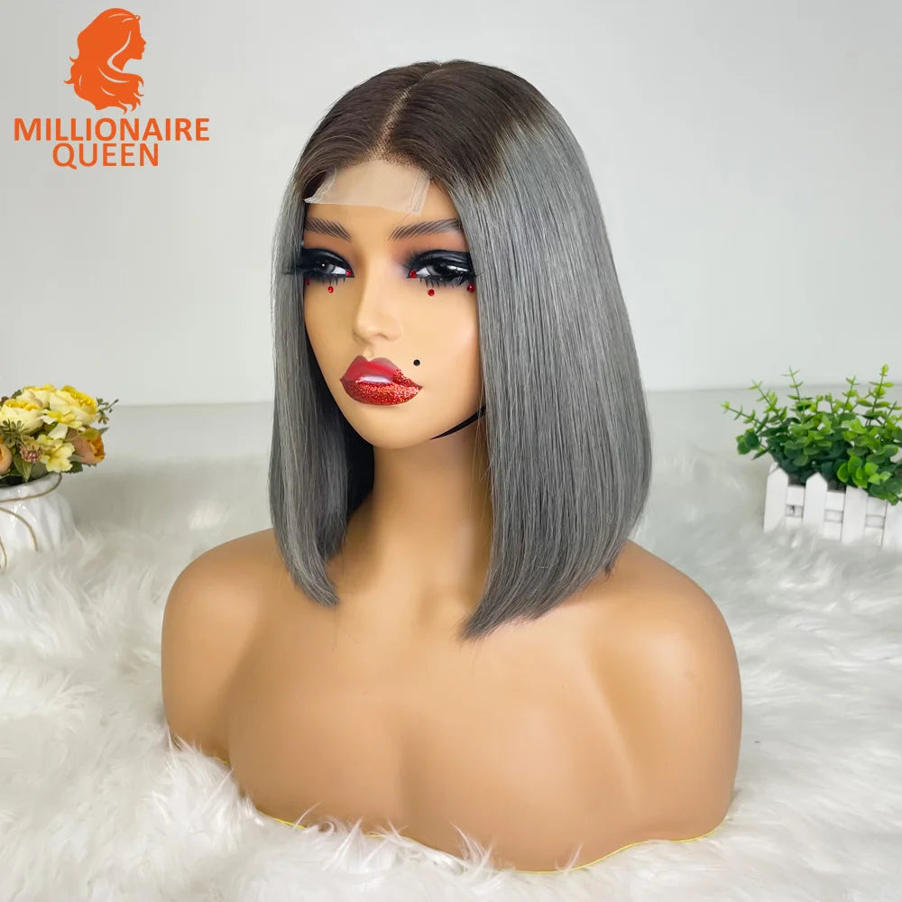 Vietnamese Hair Super Double Drawn Bone Straight 2x6 Bob Wig with 100% Human Hair T4/Gray 250% Density For Black Women