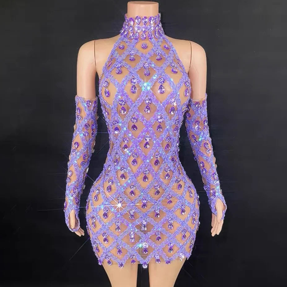 High Quality Sparkling Rainestone Sexy Bodycon Mini Dress Birthday Celebrate Evening Party Dress