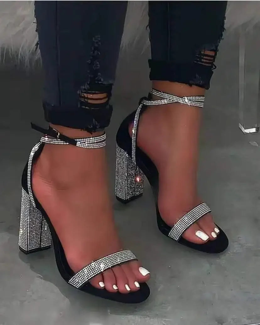 Shiny Gold Rhinestones Chunky Heels Sandals Women Sexy Cross Ankle Strap Silver High Heels Summer Party Dress Shoes Ladies Pumps