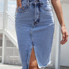 Women's Front Slit Blue Denim Skirt Pockets High Waist Slim Zipper Fly Midi Skirts 2023 Spring Female Casual Streetwear
