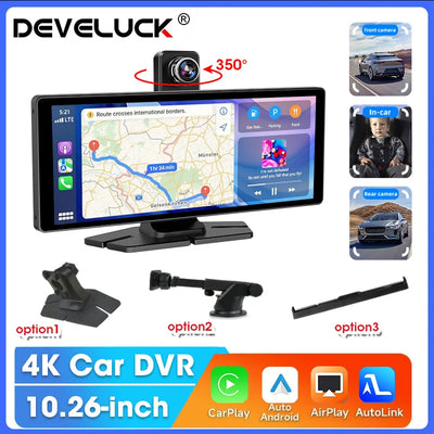 Develuck 10.26" Car DVR 350° Adjustable Carplay Android Auto Dash cam 4K Front&1080P Rear Camera Voice Control WIFI Dual lens FM