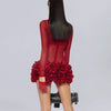 2024 New Sexy Mesh See through Stereoscopic Flowers Red Mini Evening Dress Sweet Woman Birthday Party Dress Performance costume
