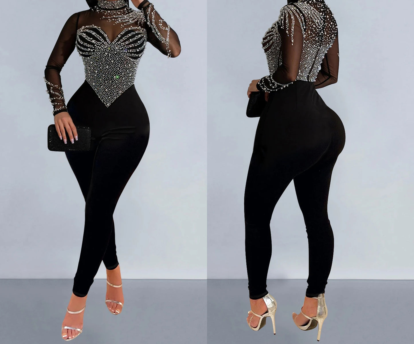 Elegant Women Jumpsuit Streetwear 2024 Spring Fashion Versatile Casual Solid Color Hot Diamond Long Sleeve Jump Suits for Female