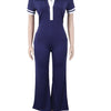 Beyprern Women's Turn-Down Collar Patchwork Wide Legs Jumpsuits Fashion Short Sleeve Stretchy Fitted Overall Night Club Outfits