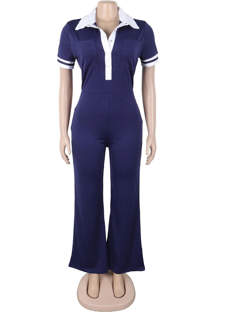 Beyprern Women's Turn-Down Collar Patchwork Wide Legs Jumpsuits Fashion Short Sleeve Stretchy Fitted Overall Night Club Outfits