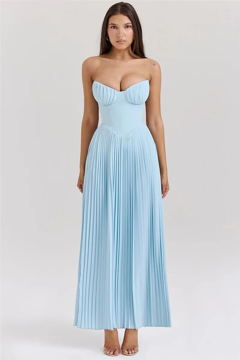Mozision Off-shoulder Backless Pleated Maxi Dress For Women Fashion Strapless Sleeveless High Waist Bodycon Sexy Long Dress