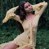 Summer slim-fitting see-through sexy hot girl dress elegant solid color V-neck strappy long sleeves ruffled slit long skirt