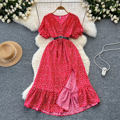Summer Pleated Women Buttons Dresses Casual Beach Holiday Short Sleeve V Neck Woman Midi Dress Bohemian Mujer Vestidos