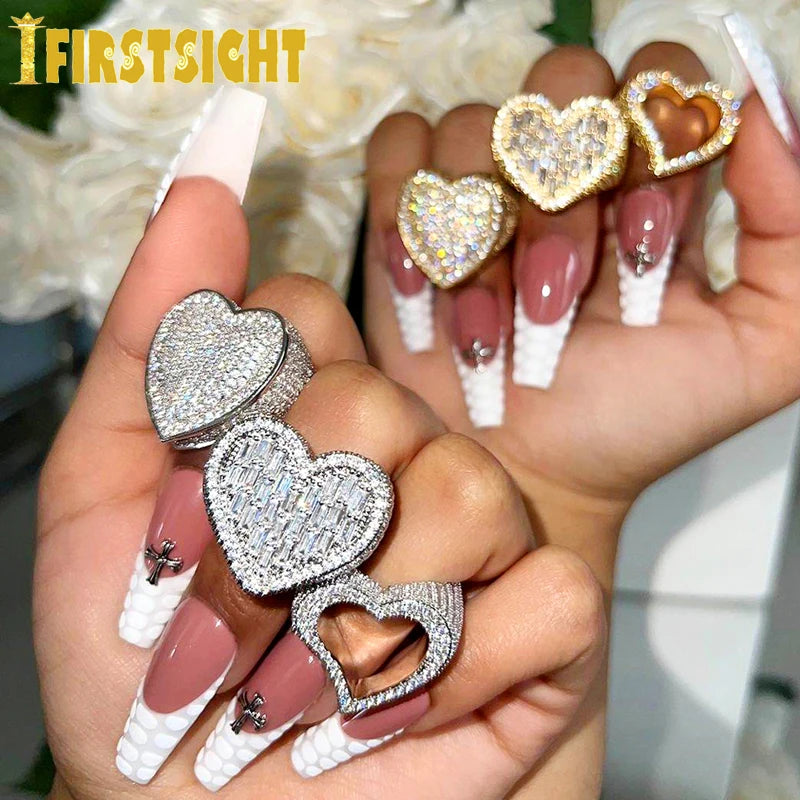 New Full Iced Out Bling Hollow Heart Ring Gold Silver Color 5A CZ Micro Pave Cubic Zircon Rings Hip Hop Punk Men Women Jewelry
