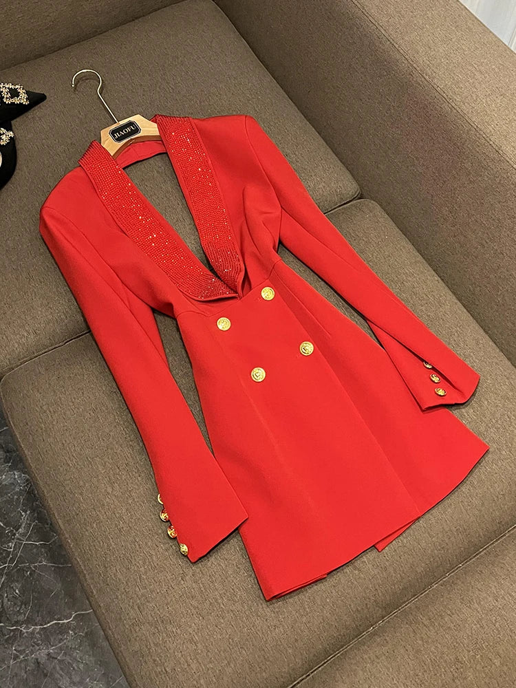 TWOTWINSTYLE Solid Hollow Out Blazer For Women Shawl Collar Long Sleeve Tunic Spliced Button Temperament Blazer Female KJA501707