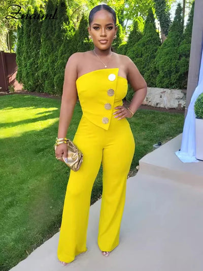 Znaiml Sexy Yellow Button Wide Leg Pants Stretch Long Rompers One Pieces Overalls Women Strapless Jumpsuit Birthday Streetwear