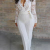 Sexy Deep V-neck Solid Jumpsuit Elegant Office Lady Hollow Lace Long Sleeved Slim Belt Jumpsuit Autumn Commuting Women Clothing