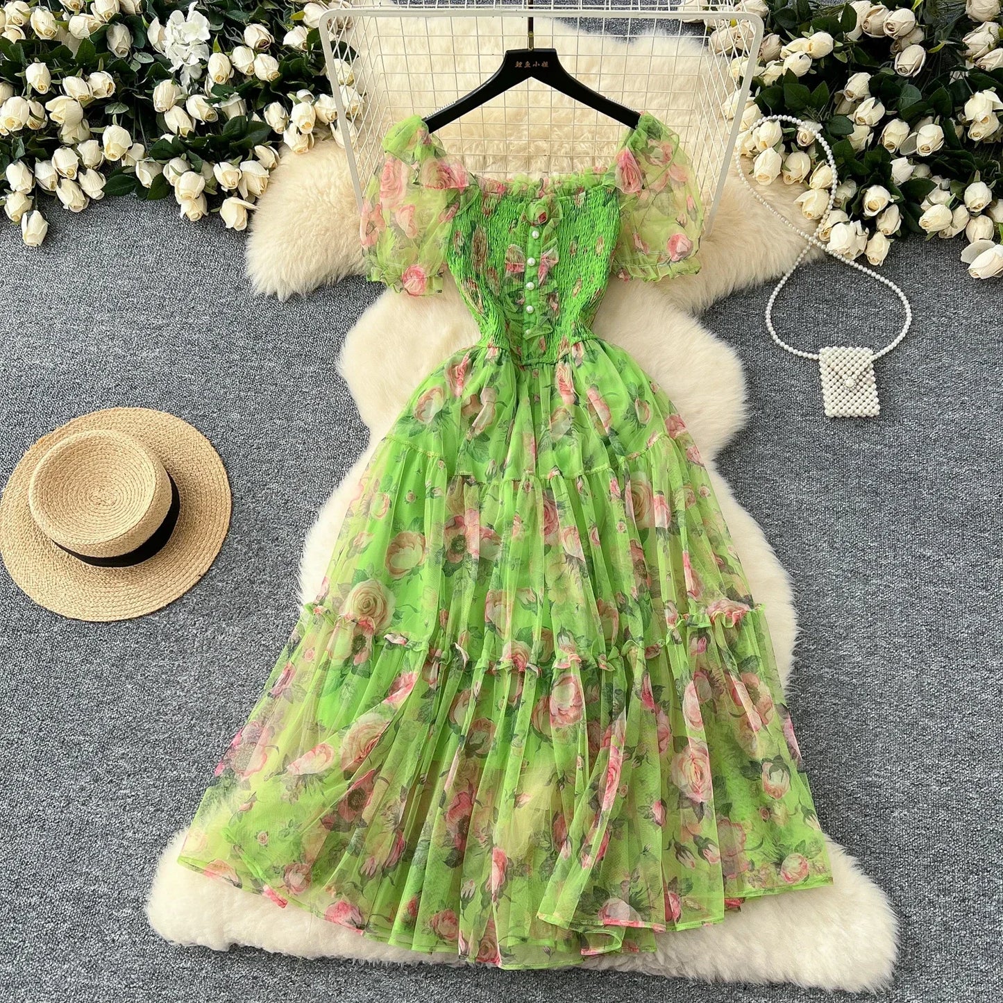 Elegant Slash Neck Vintage Short Puff Sleeve Chic Print Slim Chiffon Dresses French High Street Evening Autumn Mesh Clothing