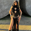 OMSJ Women Gothic 2024 Black Hooded Knitted High Split Long Dress Hollow Sexy See-through Straight Dress Festival Rave Club Wear