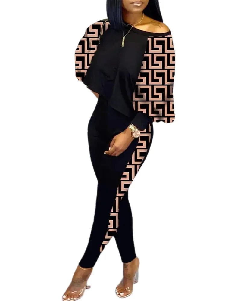 2024 New Autumn Women's Long-Sleeved Round Neck Off-Shoulder Fashion Casual Suit Pants Set Woman Coordinated Pants Sets