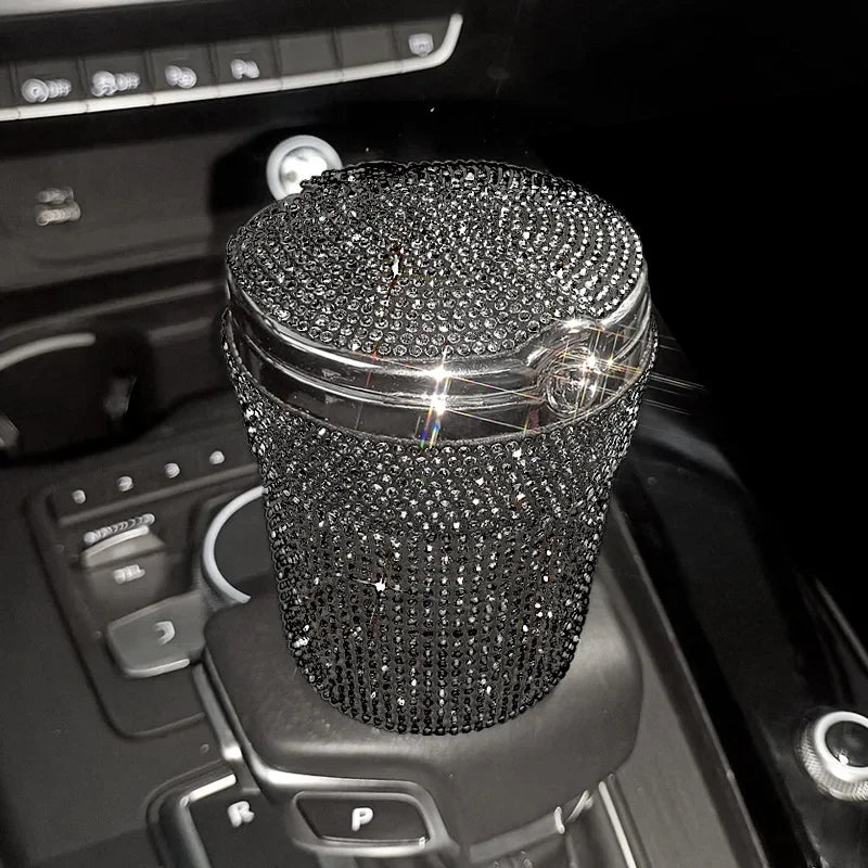 Crystal Diamond Car Ashtray Auto Portable Bling Cigarette Smokeless with LED Light Indicator Car Accessories for Women