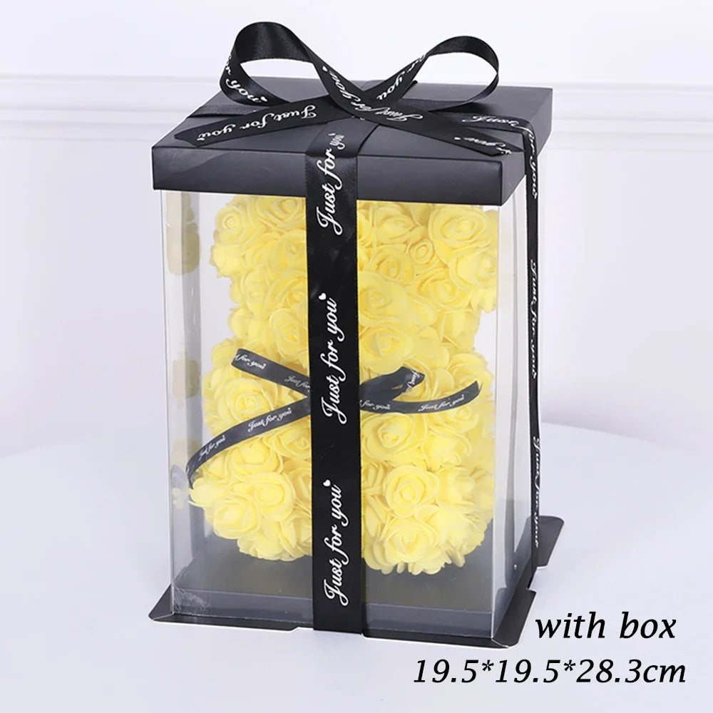25cm Artificial Teddy Rose Flower Bear with Box Romantic Valentines Day Gift Girlfriend Women Mother Birthday Wedding Party Deco