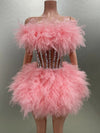Hot Sale Women Sexy Mesh Ruffles Ball Gown Mini 2 Pieces Dress Lace-up Crystal Birthday Party Celebrate Nightclub Wear