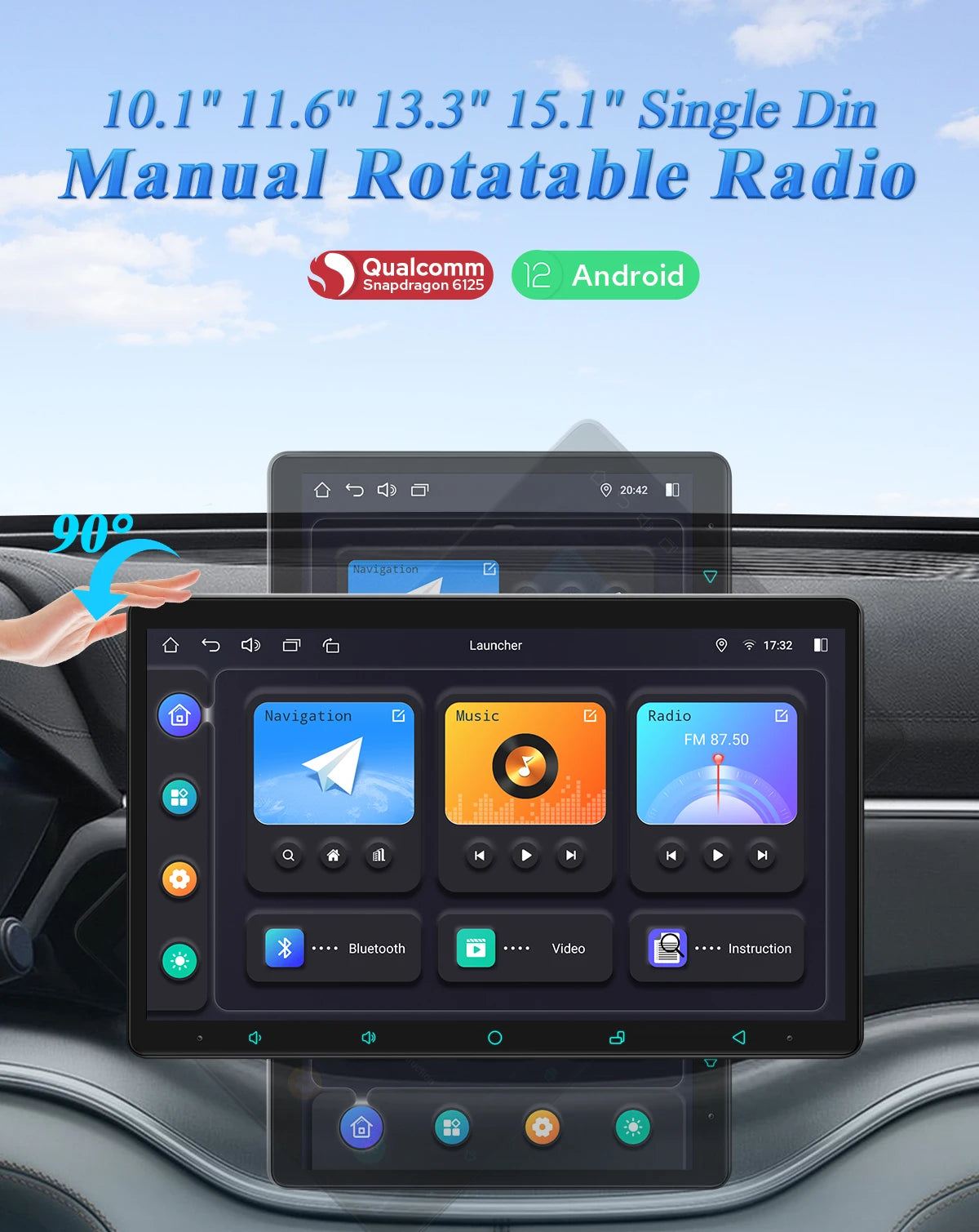 JOYING 10.1" 11.6" 13.3" 15.1"Android Car Radio Stereo Multimedia Player Head Unit Built In Carplay With Manual Rotatable Screen