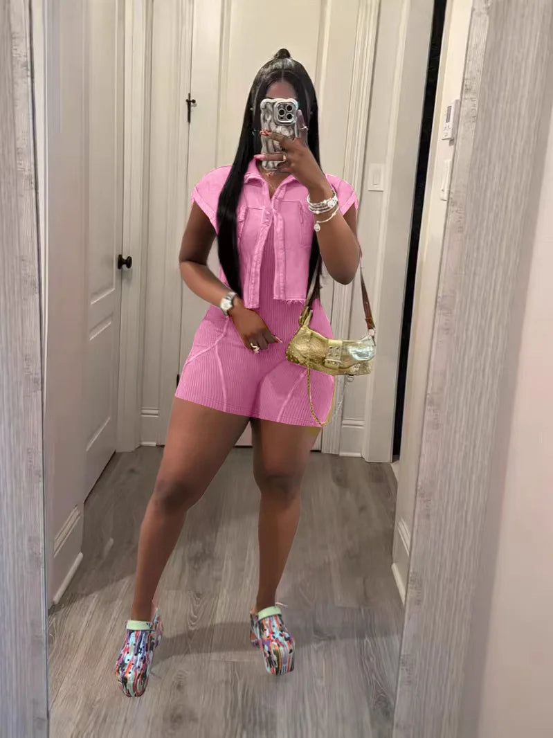 HLJ High Quality Women's Shorts Outfits Cotton Crop Jacket+Bodysuits 2 Piece Set Casual Vintage Two Piece Set Women's Spring New