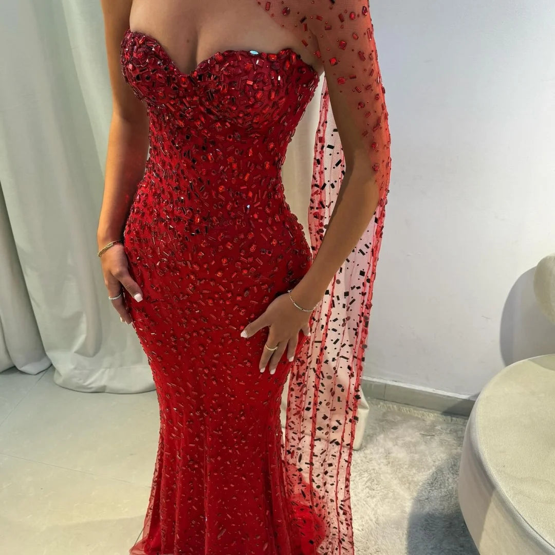 Sansa Customized Red Mermaid Glitter Strapless Prom Dresses Floor-Length Backless vestidos de festa