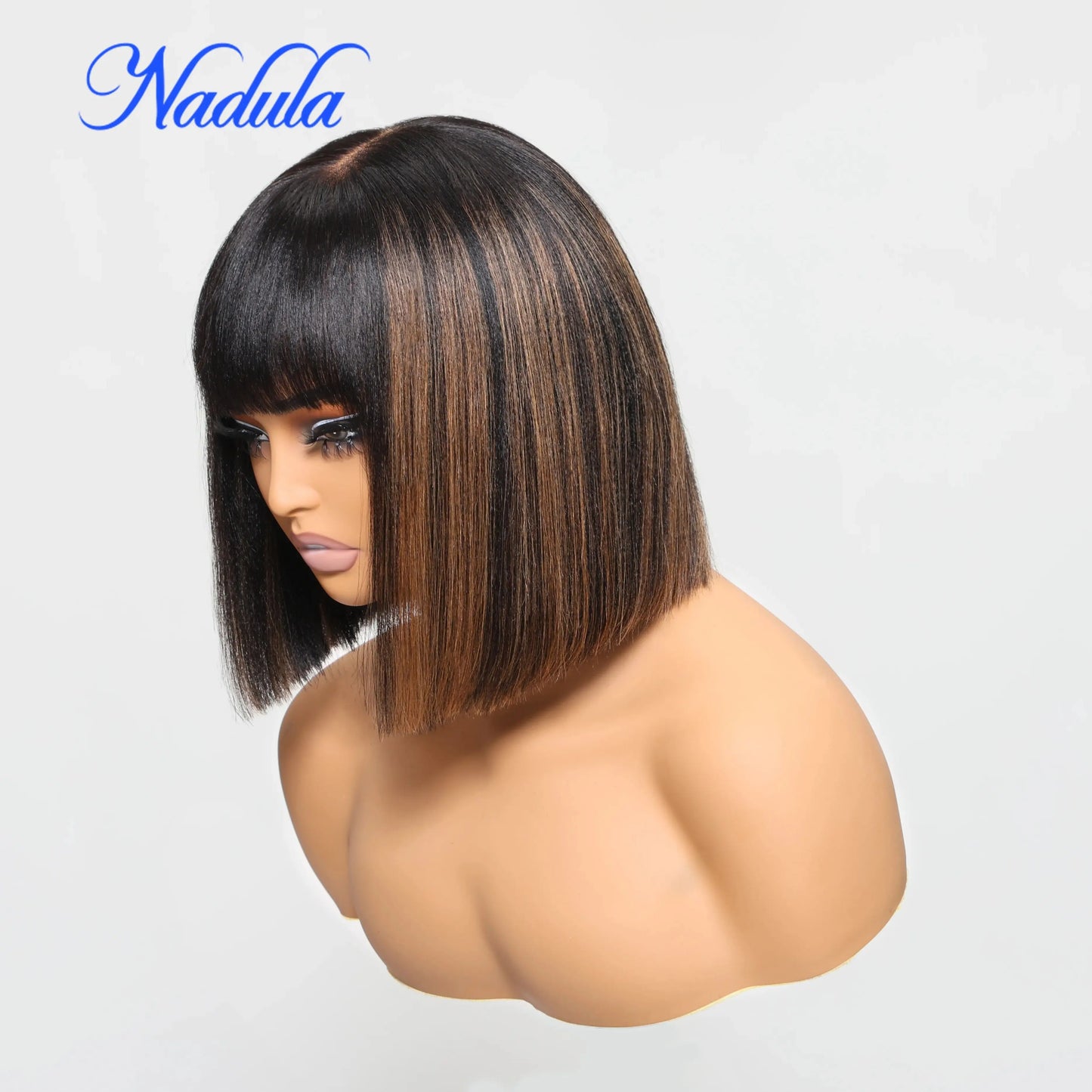 Nadula Hair Short Bob Wigs With Bangs Yaki Straight Short Bob Highlight Balayage Color Wig 4X2 T Part Lace 100% Human Hair Wigs