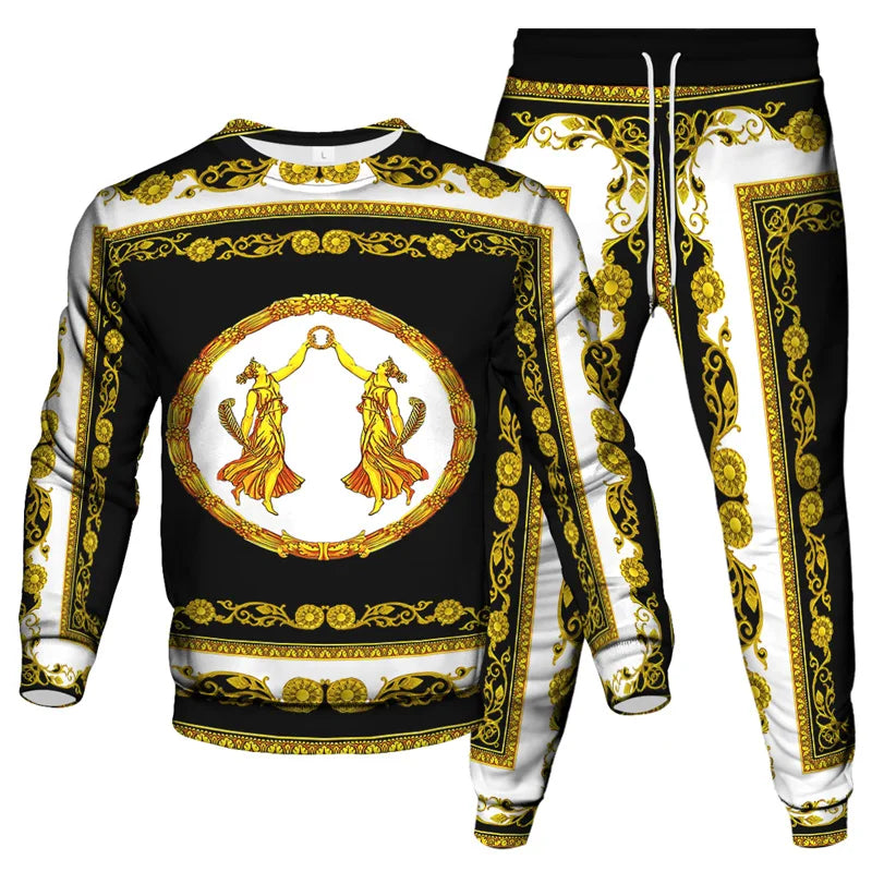 Vinatge Luxury Baroque Style Clothing Suit Men Jogging Pant Sweatshirt 2 Piece Set New Women Fashion Streetwear Tracksuit Set