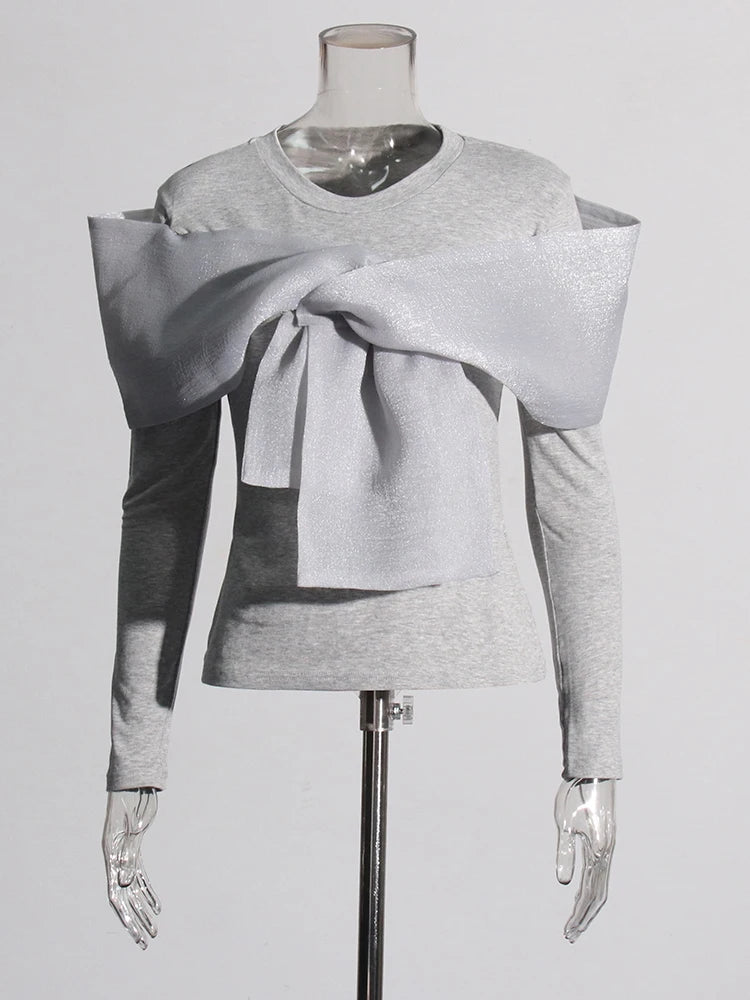 TWOTWINSTYLE Solid Spliced Bowknot T Shirt For Women O Neck Long Sleeve Patchwork Mesh Casual Temperament T Shirts Female Style