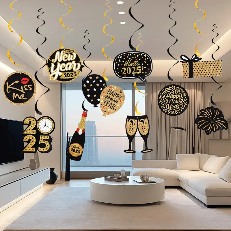 10pcs/set Happy New Year Spiral Hanging Banner Garland Hello 2025 New Year Eve Party Decoration Supplies Photo Booth Props Gift