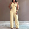 2024 Summer Fashion White Jumpsuit Women Floral Pattern Shirred Hollow Out Casual Asymmetrical Neck Pocket Backless Jumpsuits