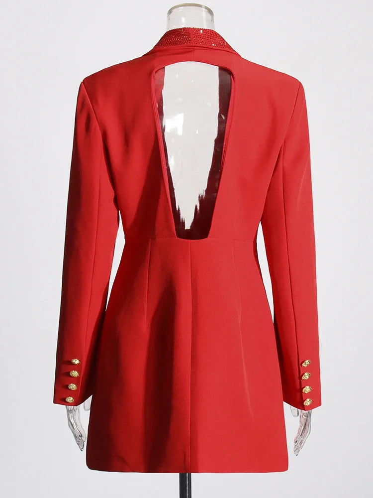 TWOTWINSTYLE Solid Hollow Out Blazer For Women Shawl Collar Long Sleeve Tunic Spliced Button Temperament Blazer Female KJA501707