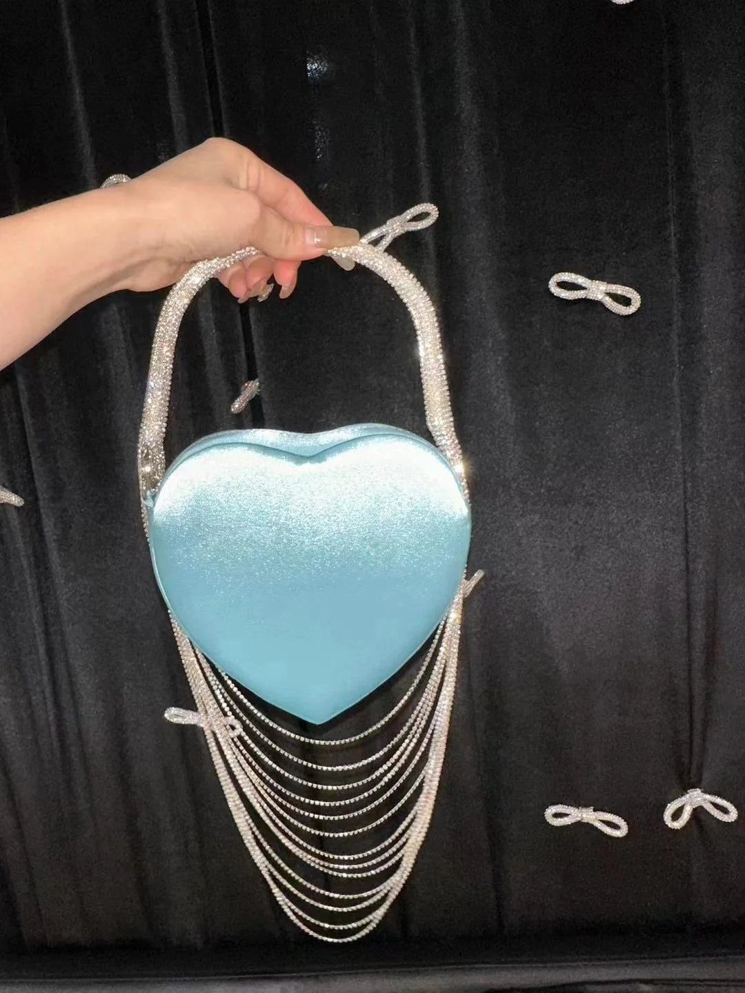 Bling Tassel Heart-shape Satin Bag Glitter Rhinestone Diamond Evening Bag Women Handbag Wedding Party Clutch Purse Crossbody Bag