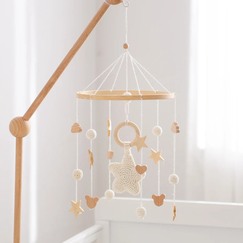 Baby Crib Mobile Bed Bell Rattle Toys Wooden Crochet Stars Pendant Bed Bell Toys Newborn Comfort Crib Bracket Hanging Toys Gifts