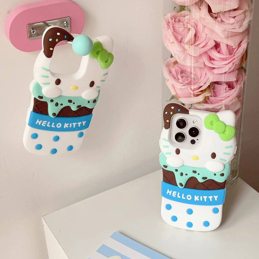 Cute 3D Ice Cream Sanrios Hello Kitty Phone Case for IPhone 15 14 13 12 11 Pro Max Drop-resistant Soft Silicone Back Cover Gift