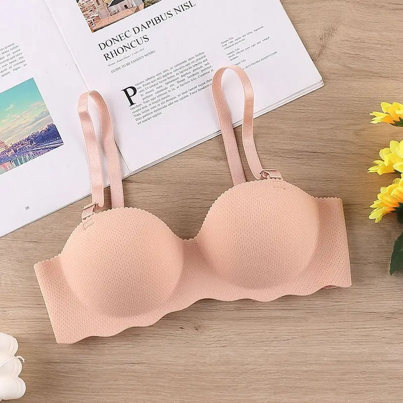 Explosive French Simple British Ice Silk Bra One Piece Thick Cup Girls Gathering No Steel Rings Women's Underwear