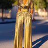 Bonboho Women's Solid Color Jumpsuit Deep V-neck Three-Quarter Sleeves High Waist Wide Leg Oe-piece Suit Summer Casual Jumpsuits