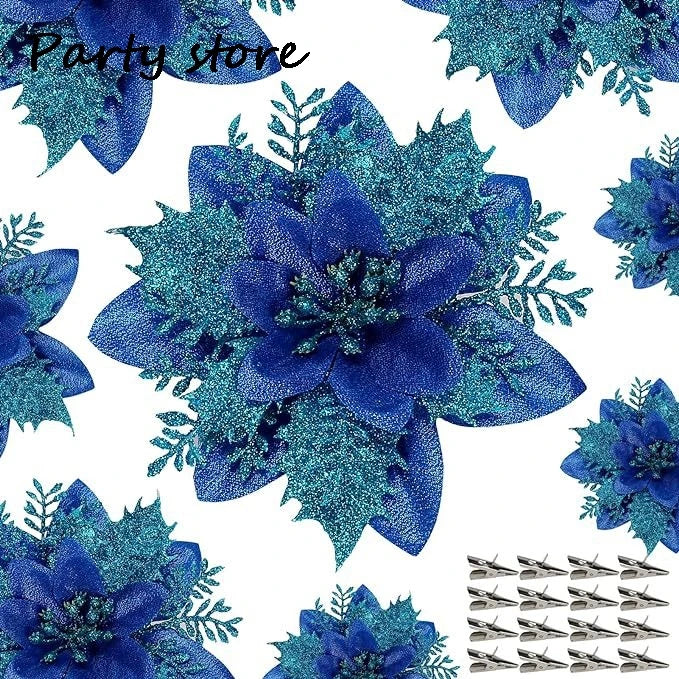 Silver Glitter Christmas Flowers Silver Xmas Tree Artifical Flower Ornaments Merry Christmas Decoration For Home Party New Year