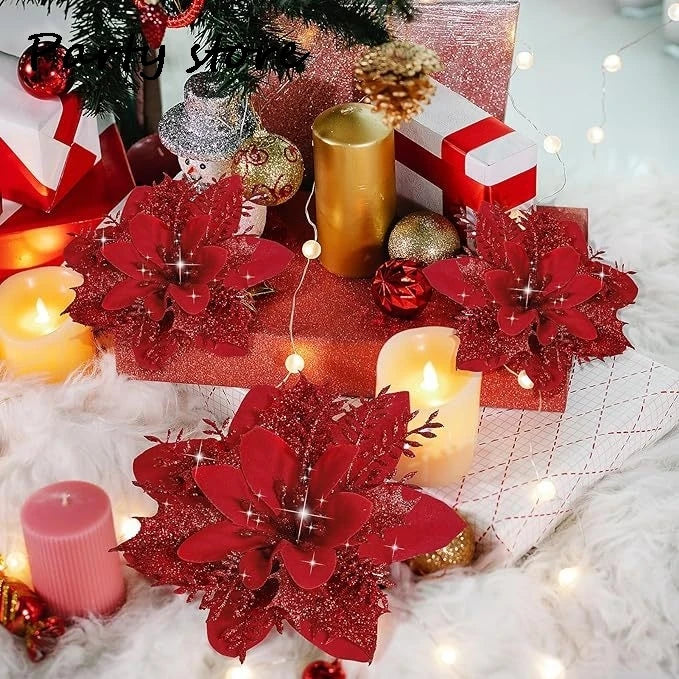 Silver Glitter Christmas Flowers Silver Xmas Tree Artifical Flower Ornaments Merry Christmas Decoration For Home Party New Year