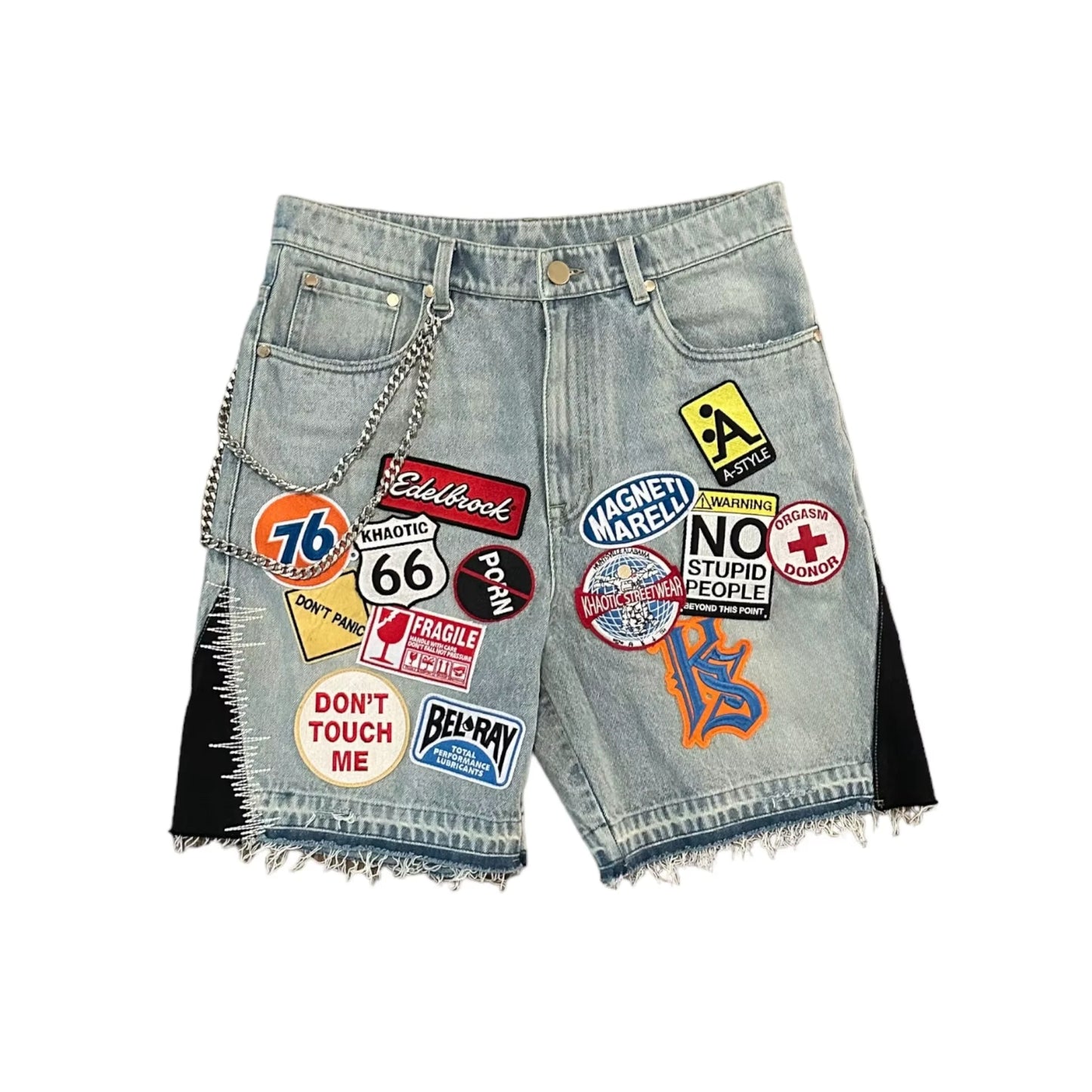 Retro Blue Streetwear Patchwork Denim Short Y2K Jeans Men Women Hip Hop Cartoon Graphics Loose Camo Denim Fitness Casual Shorts