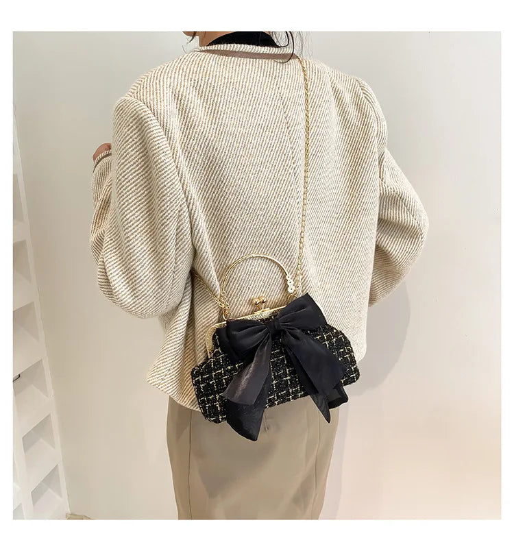 Glittering Chain Plaid Pattern Evening Bag For Women Bow Decor Shoulder Bag, Fashionable Elegant Clutch, Women‘s Crossbody Bag